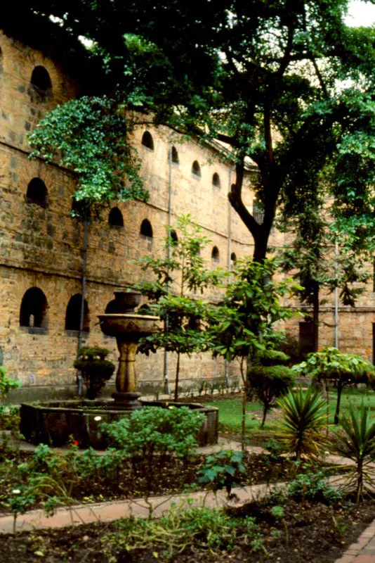 Vista de los patios laterales del 
	museo. La fachada interior es sobria y slida. El espacio adyacente a estos 
	patios lo ocupan las oficinas del museo y dependencias del Instituto Colombiano 
	de Antropologa. 