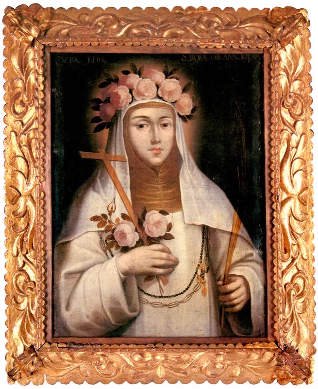 Gregorio Vsquez.
	Santa Rosa de Lima. Siglo XVII.
	Oteo sobre tela. 45 x 31 cm.
 