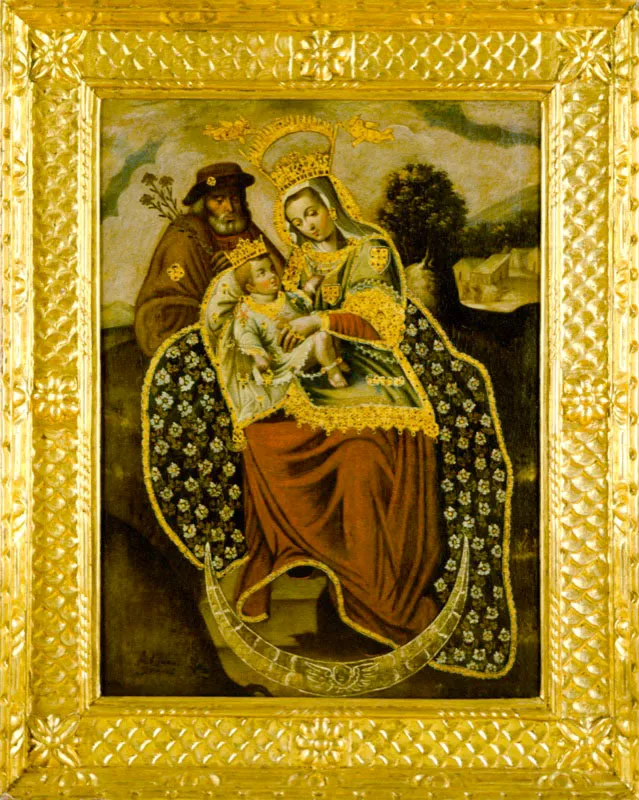 Juan Prez Meja.
	Nuestra Seora de Mongu. 1709.
	Oteo sobre lienzo brocateado.
	85 x 62.5 cm.
 