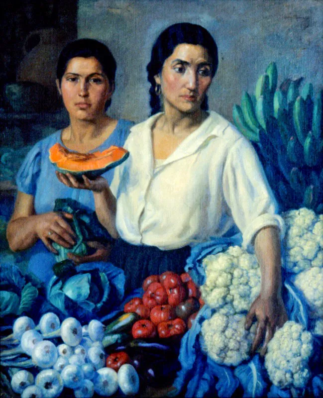 Miguel Díaz Vargas.
En el Mercado 1940.
Oleo sobre lienzo. 110 x 190 cm.