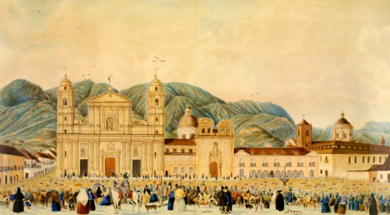 J. Castillo Escalln. 
	La Plaza Mayor de Bogot. C. 1837. Oleo sobre tela. 42.5 x 65 cm.
 