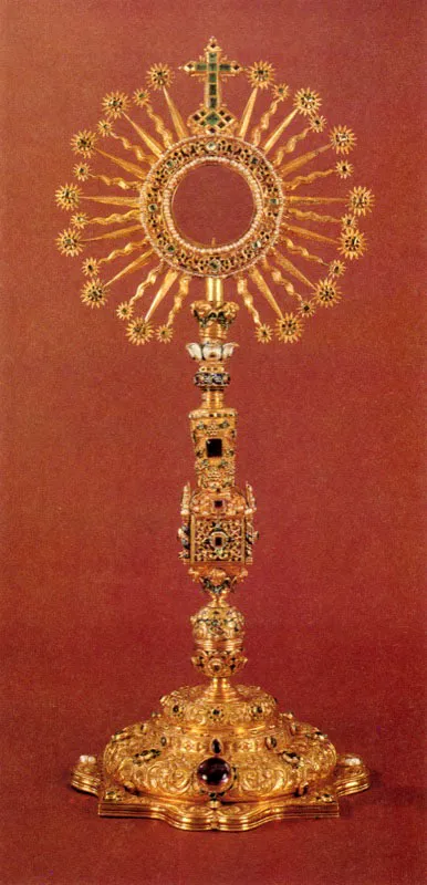 Nicols de Burgos.
	Custodia Grande de Santa Clara la Real,
	de Tunja. Conocida corno de Las
	Clarisas. 1737. Oro, piedras preciosas.
	63.5 cm de altura.
 