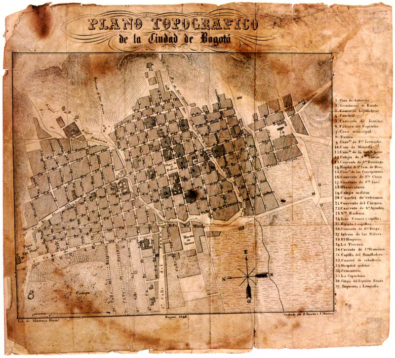 	Este plano topogrfico de la ciudad 
	de Bogot es uno de los varios que conserva el museo y que muestran la transformacin del lenguaje urbano y arquitectnico.
 