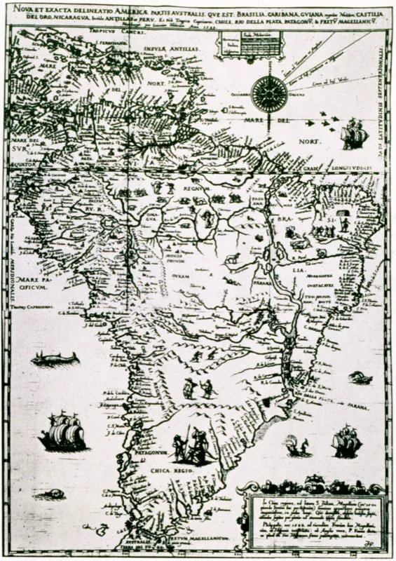 Antigua carta de viaje publicada en Nuremberg en 1599 para mostrarla delimitacin de la Amrica Austral, Brasilia, Caribana, Guiana, Castilla del Oro, Nicaragua, Antillas, Per, Chile y Ro de la Plata. 