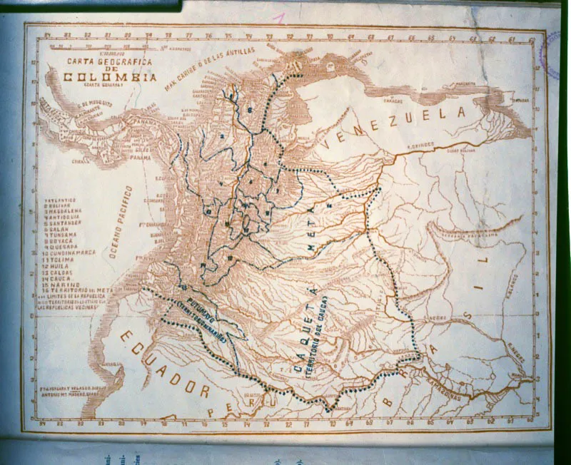 Carta geogrfica de Colombia, segn el ordenamiento territorial decretado por Rafael Reyes. Dibujo del general Francisco Javier Vergara y Velasco y grabado por Antonio Mara Madero, para el Atlas completo de geografa
colombiana. Contiene los departamentos de Atlntico,Bolvar, Magdalena, Antioquia, Santander, Galn, Tundama,Boyac, Quesada, Cundinamarca, Tolima, Huila, Caldas, Cauca, Nario y Meta. Caquet figura como territorio del Cauca y Putumayo como de Nario. 