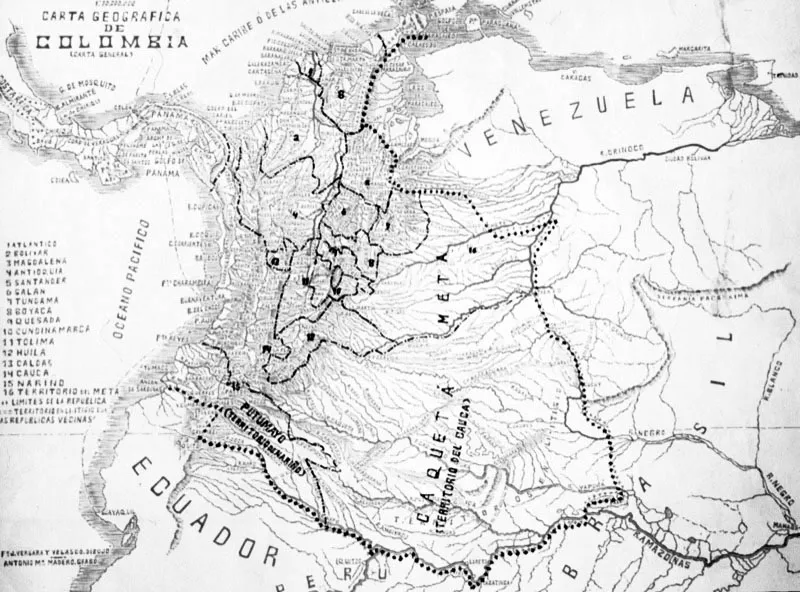 Carta geogrfica de Colombia, segn el ordenamiento territorial decretado por Rafael Reyes. Dibujo del general Francisco Javier Vergara y Velasco y grabado por Antonio Mara Madero, para el Atlas completo de geografa
colombiana. Contiene los departamentos de Atlntico,Bolvar, Magdalena, Antioquia, Santander, Galn, Tundama,Boyac, Quesada, Cundinamarca, Tolima, Huila, Caldas, Cauca, Nario y Meta. Caquet figura como territorio del Cauca y Putumayo como de Nario. 