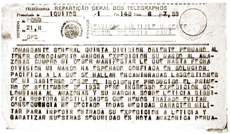 Fascmil de la comunicacin enviada por va telegrfica brasilea desde la comandancia de la Quinta Divisin del Oriente Peruano con sede en Iquitos al general Alfredo Vsquez Cobo, comandante de la Expedicin colombiana. 