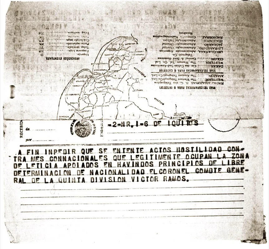 Fascmil de la comunicacin enviada por va telegrfica brasilea desde la comandancia de la Quinta Divisin del Oriente Peruano con sede en Iquitos al general Alfredo Vsquez Cobo, comandante de la Expedicin colombiana. 