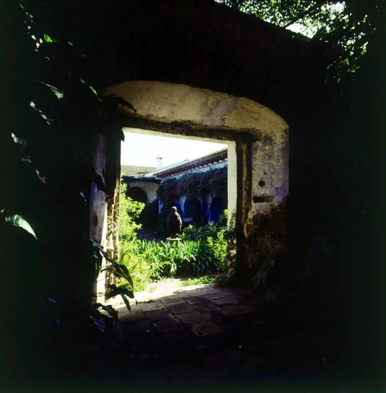 Pórtico de entrada al patio-jardín interior de una casa tradicional antigüeña.