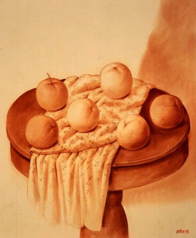 Naranjas sobre una mesa / 1998 / sanguina sobre lienzo / 127 x 108 cm  