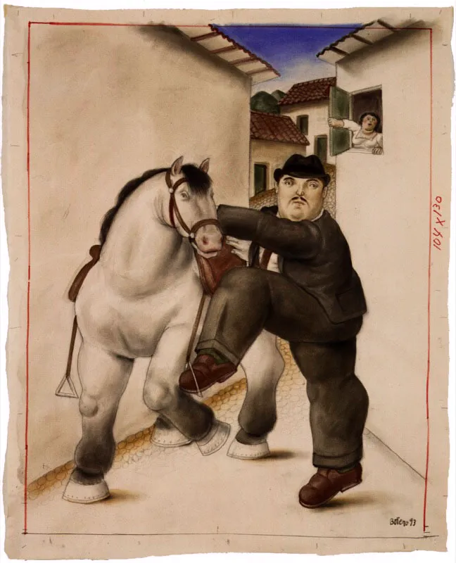 Hombre y caballo / 1993 / lpiz y acuarela sobre lienzo / 130 x 104 cm 