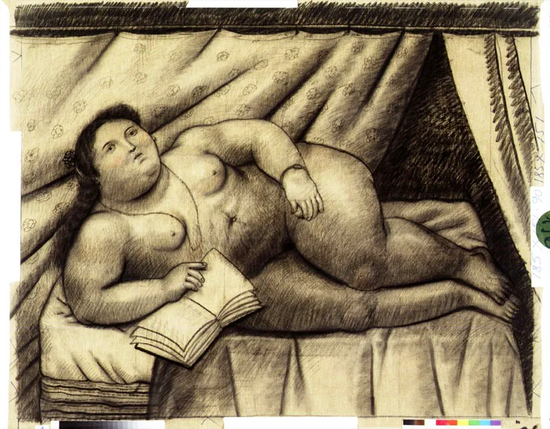 Mujer leyendo / 1990 / carboncillo sobre lienzo / 151 x 185 cm 