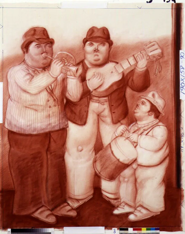 Tres msicos / 1990 / sanguina sobre lienzo / 190 x 158 cm 