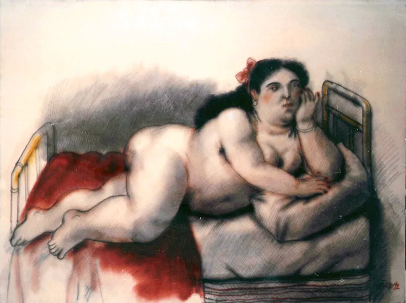 Colombiana en la cama / 1992 / lpiz y acuarela sobre lienzo / 100 x 132 cm 