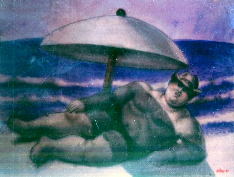 Hombre en la playa / 1993 / lpiz y acuarela sobre lienzo / 100 x 129 cm 