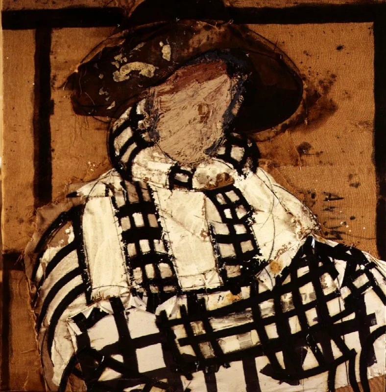 Retrato con rayas blancas y negras. 1997. Óleo sobre arpillera. 170 x 170 cm