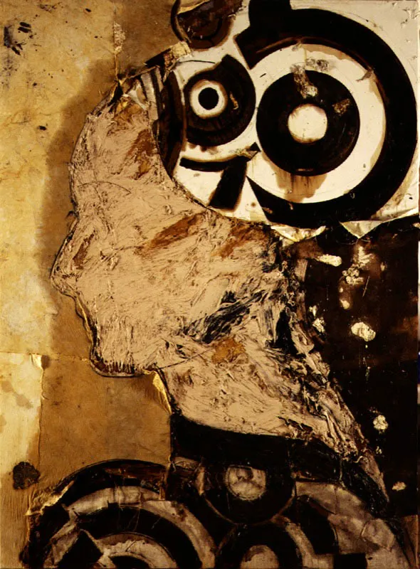 Perfil con imágenes de Sonia Delaunay I. 1997. Óleo sobre arpillera. 200,7 x 150 cm