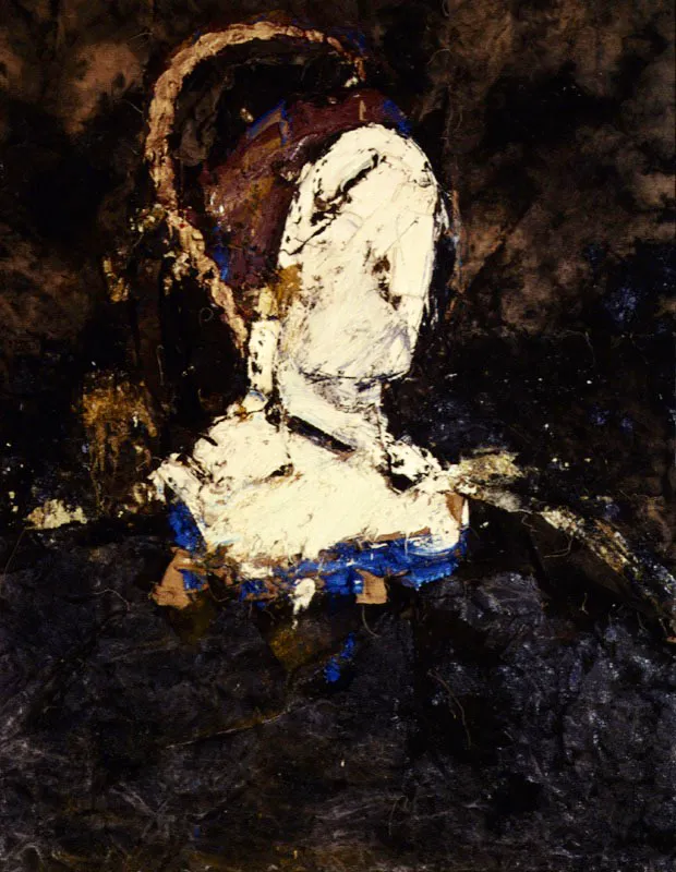 Retrato de mujer con mancha azul. 1992. Óleo sobre arpillera. 182 x 142 cm