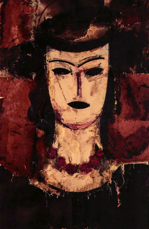 Retrato con collar rojo. 1997.  leo sobre arpillera. 189 x 122 cm 