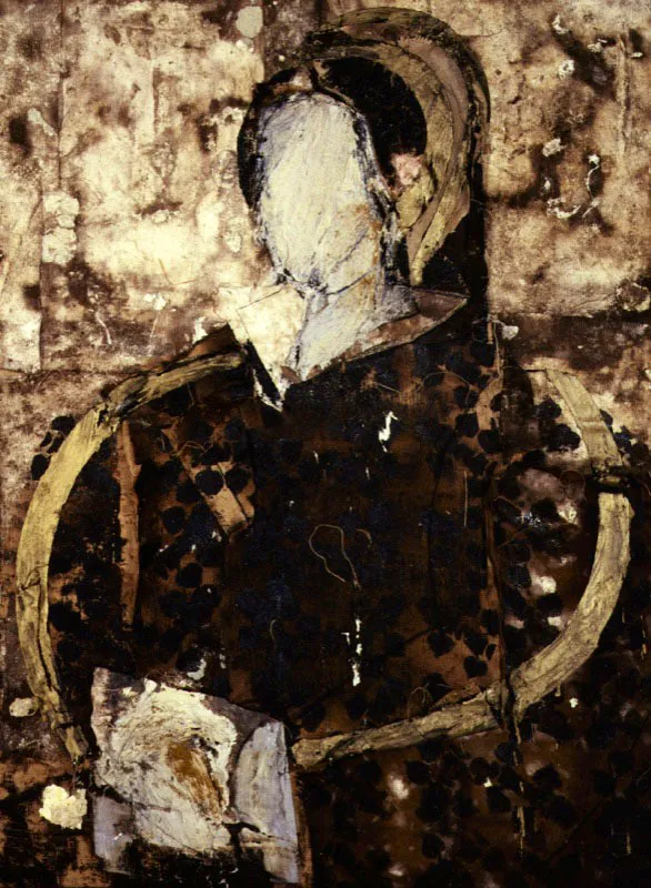  Figura con adornos de oro. 1993.  leo sobre arpillera. 163 x 112 cm 