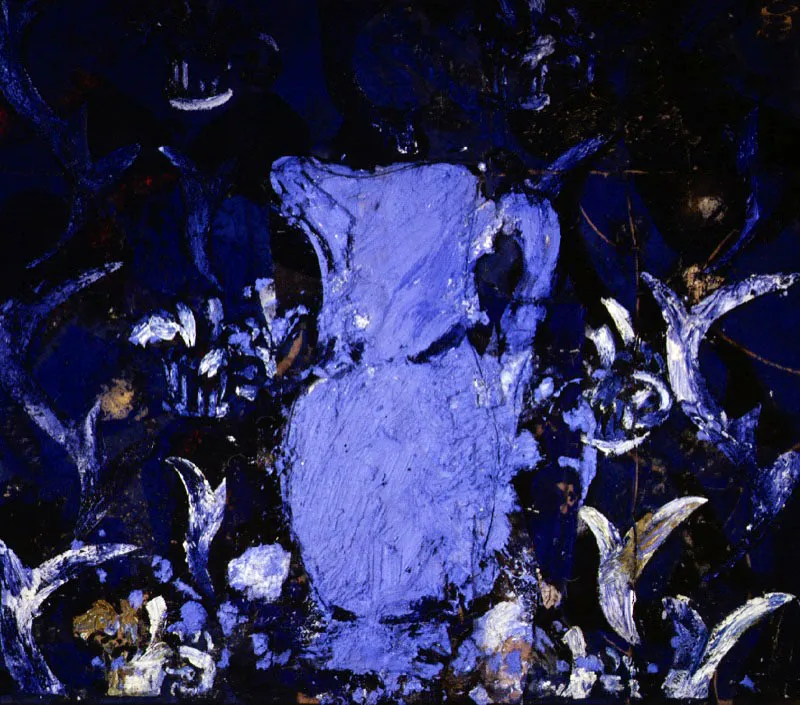 Bodegn con jarro y fondo azul. 1993. leo sobre arpillera. 175 x 195 cm 