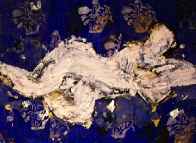 Desnudo con fondo azul. 1993. leo sobre arpillera.149 x 200 cm 