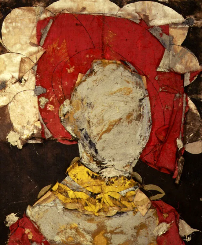 Retrato con sombrero y plumas. 1994. leo sobre arpillera. 193 x 160 cm  