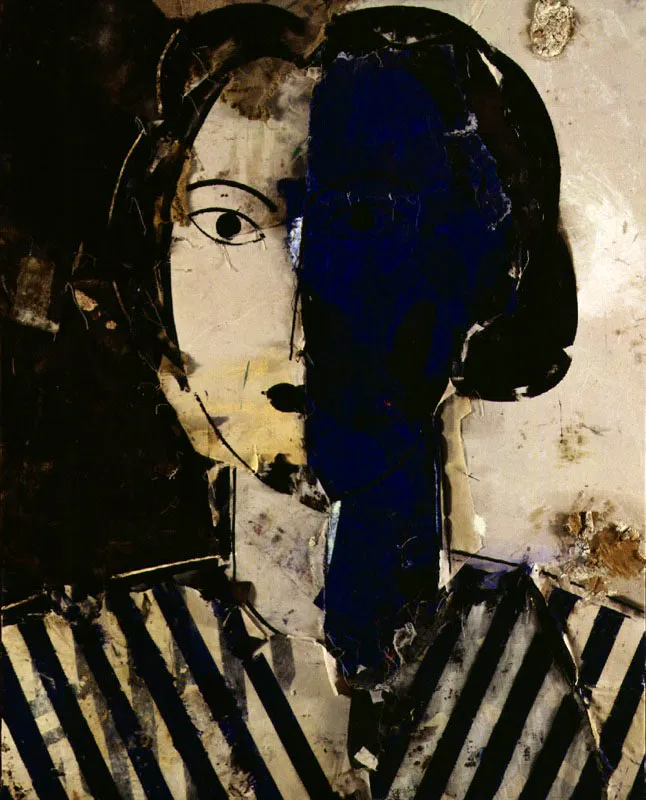 Retrato con rayas azules. 1997. leo sobre arpillera. 180 x 147 cm 