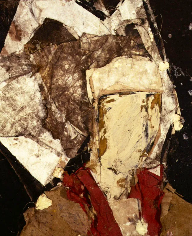 Cabeza con adornos blancos. 1994. leo sobre arpillera. 153 x 128 cm 