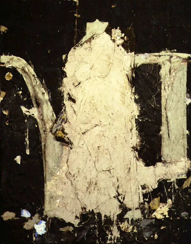 Cafetera blanca sobre fondo negro. 1994. Óleo sobre arpillera. 193 x 154 cm