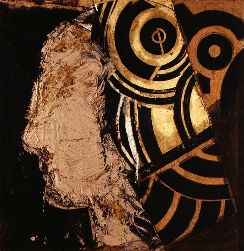 Perfil con imgenes de Sonia Delaunay II. 1997.  leo sobre arpillera. 170 x 170 cm 