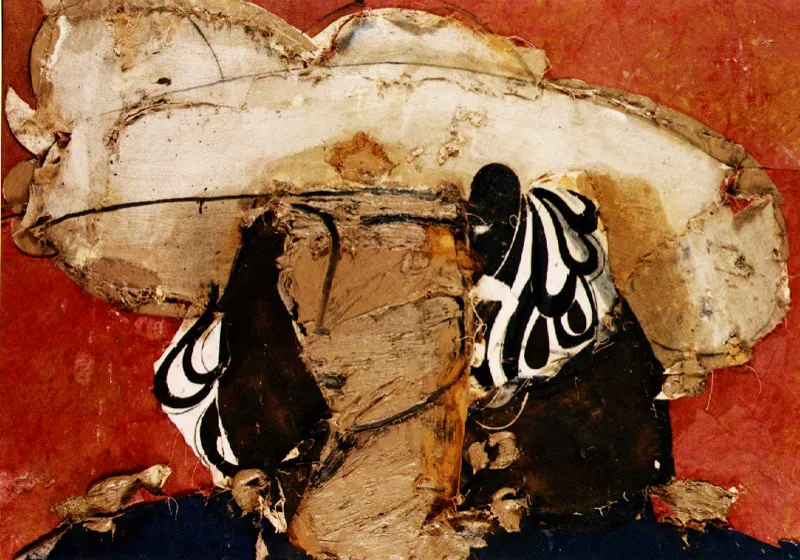 Retrato con sombrero blanco sobre fondo rojo. 1997. Óleo sobre arpillera. 198 x 140 cm