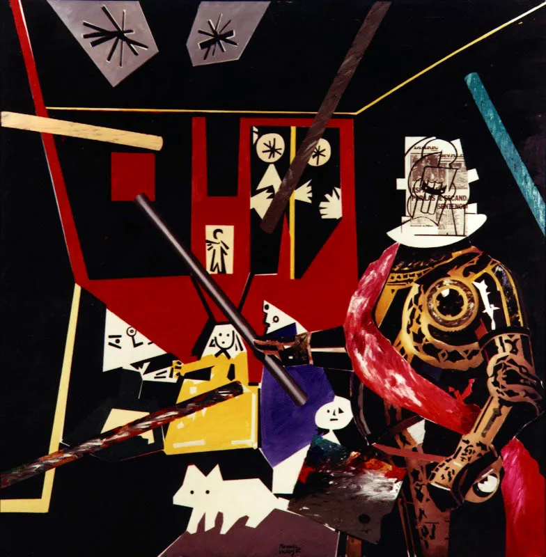 Personaje con bastón y banda. 1982. Óleo sobre tela. 200 x 200 cm