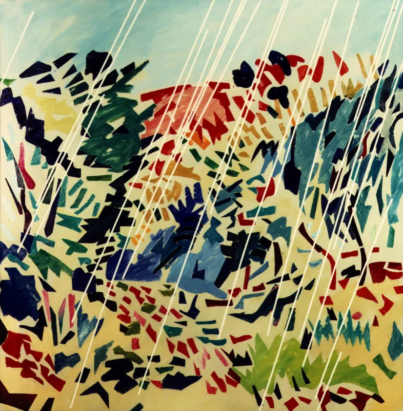 Paisaje de género con lluvia. 1982. Óleo sobre tela. 150 x 150 cm