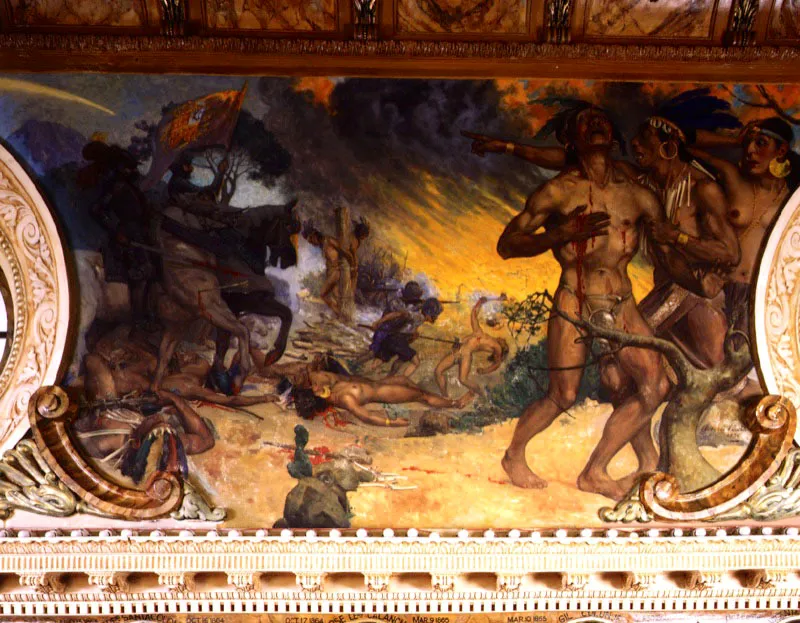La Conquista y la fusión de las razas. Sobre la pared este del Salón Amarillo se aprecia este mural, también del pintor Roberto Lewis.