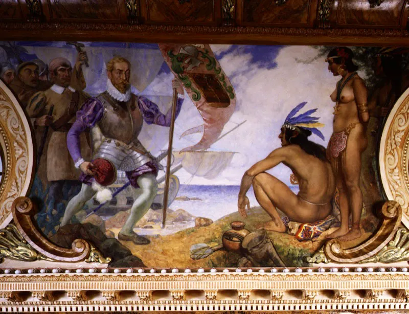 Rodrigo Galván de Bastidas. La llegada de los castellanos a tierra firme, óleo del pintor nacional Roberto Lewis, en la pared este del Salón Amarillo.