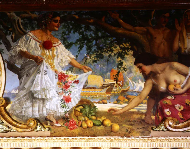 La abundancia de la tierra y el trabajo. Óleo de Roberto Lewis en la pared oeste del comedor oficial del Palacio o Salón de los Tamarindos.