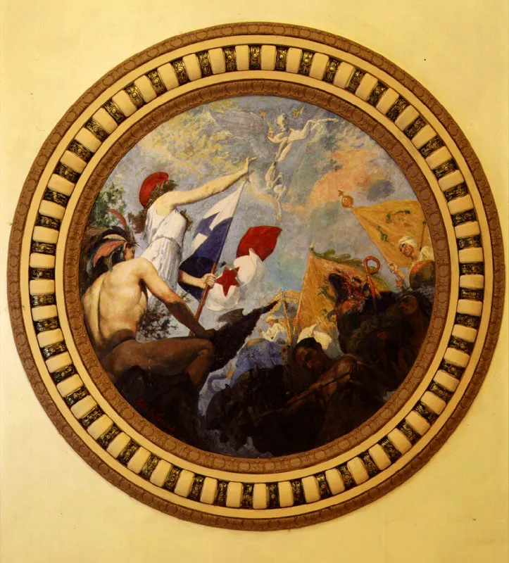 En el cielo raso del Salón Amarillo Roberto Lewis pintó al óleo dos alegorías de estilo neoclásico: Nacimiento de la República y Homenaje de los pueblos a la nueva nación.