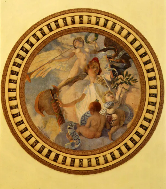 En el cielo raso del Salón Amarillo Roberto Lewis pintó al óleo dos alegorías de estilo neoclásico: Nacimiento de la República y Homenaje de los pueblos a la nueva nación.