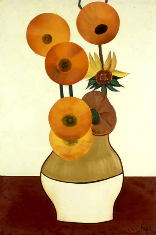 Florero de girasoles. (Homenaje a Van Gogh) / 1988 / Técnica mixta y collage fotográfico / 150 x 102 cm Óscar Monsalve