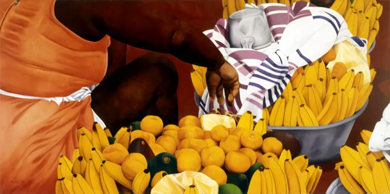 Bazurto con olla y mandarinas / 2002 / Óleo sobre lienzo / 125 x 250 cm Óscar Monsalve