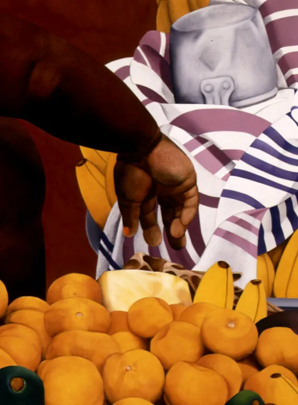 Bazurto con olla y mandarinas. (detalle).
2002. Óleo sobre lienzo. 125 x 250 cm Óscar Monsalve