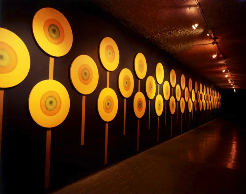 Girasoles. Sustitución de un cultivo (Instalación en el Museo Universidad de Antioquia) / 2000 /
56 Serigrafías sobre lienzo / Diámetro 70 cm, cada una Óscar Monsalve