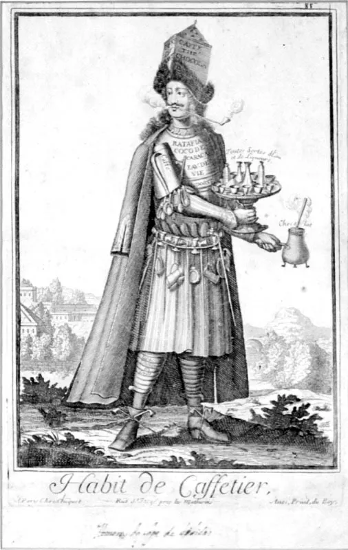 El hábito del cafetero. Alegoría del oficio de cafetero. Nicolás de Larmessin (1684-1755). Grabado sobre cobre; forma parte de una serie consagrada a los oficios.