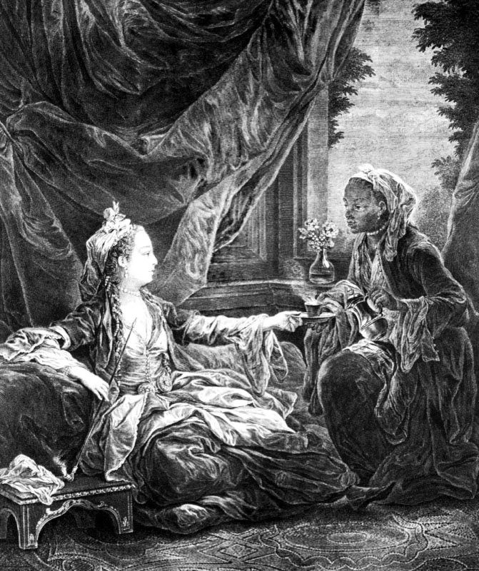 Carle Van Loo ilustra la cultura de café en la alta sociedad francesa: Madame de Pompadour vestida de sultana, recibe café servido por su criada. Siglo XVIII.