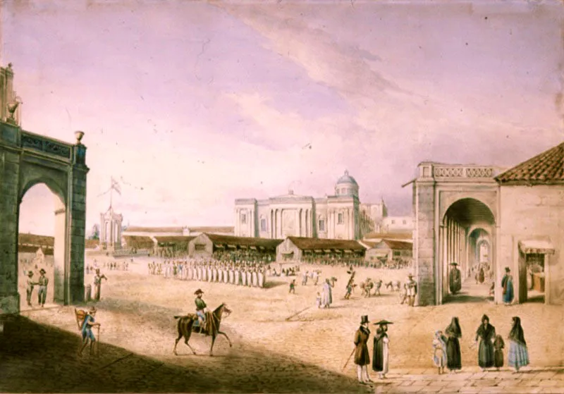 La Plaza de Armas de la ciudad de Guatemala. Grabado en color de George Ackermann, ca. 1827.
