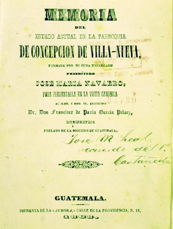  Memoria del estado actual de la Parroquia de Concepcin Villa Nueva (1868), del padre Jos Mara Navarro, quien inici los relatos sobre los primeros cafetales que se cultivaron a fines del siglo XVIII y principios del XIX en Guatemala. 