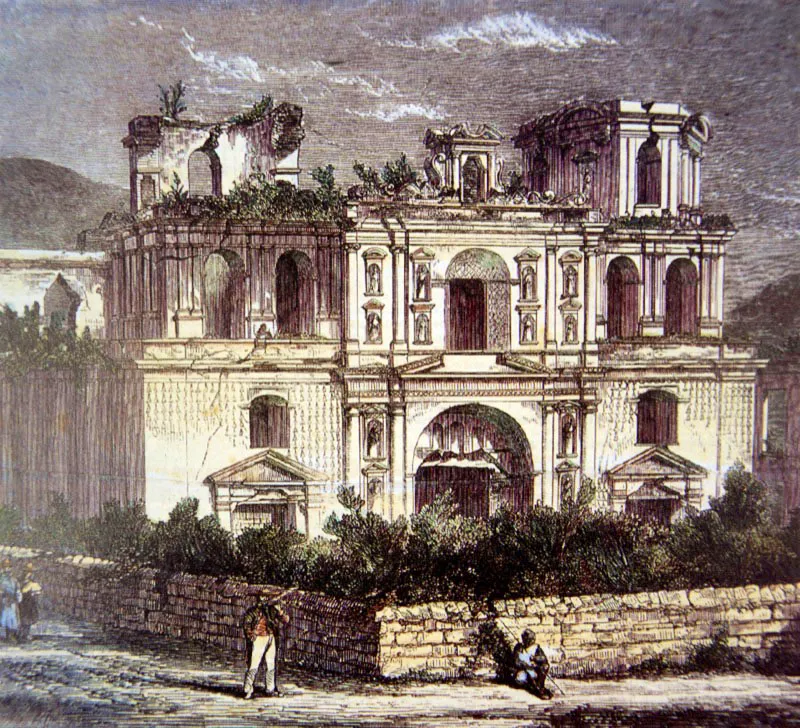 Grabado de la Iglesia de la Compañía de Jesús, cuyos miembros fueron expulsados del Reino de Guatemala en 1767. En los jardines de su convento se sembraron las primeras plantas de café de Guatemala, aunque con fines ornamentales.