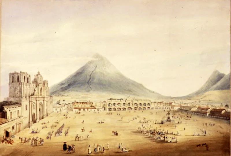 La Plaza Central de La Antigua Guatemala, ca. 1827. Grabado en color de George Ackermann.
 