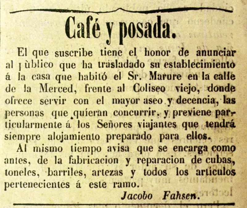 Anuncio del Caf y Posada de Jacobo Fahsen. Gaceta de Guatemala, 4 de julio de 1851. 